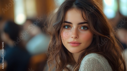 Young woman's portrait, indoor setting, blurred background