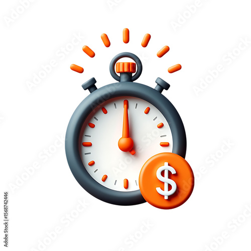 A 3D stopwatch and a bright orange dollar coin symbolizing the classic business concept where time equals money and finance.