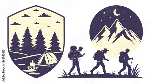 Camping Adventure Silhouettes Clip Art — Tents, Campfires, Hikers, Backpacks, Trees, Mountains & Moon Scenes for Outdoor DIY Projects