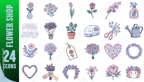 Colorful illustration of a flower shop with 24 icons in simple design  