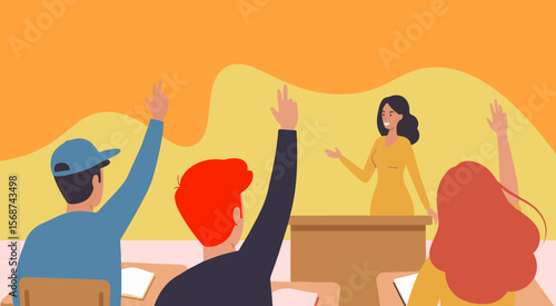 Students Raising Hands in Classroom Setting with Teacher