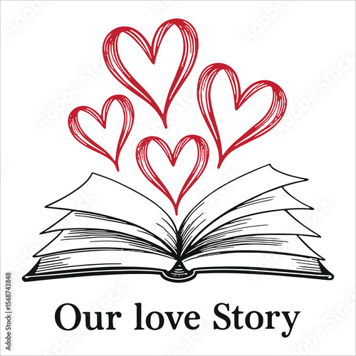 Whimsical Love Story Unfolds Open Book with Hearts Ascending Romantic Narrative and Affectionate Tale in Monochrome