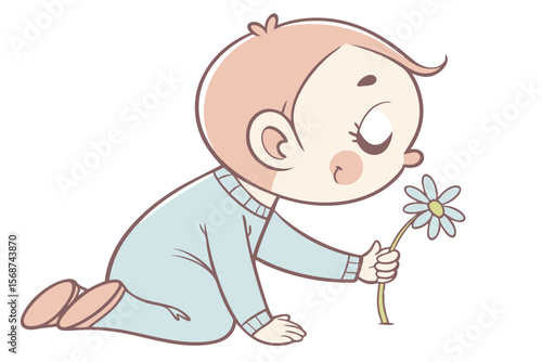 Vector cute Baby Boy cartoon character, with a sweet, innocent expression and rosy cheeks, wearing a light blue romper and holding a small flower, in a gentle, endearing style, isolated on white backg