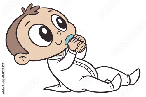 Vector cute Baby Boy cartoon character, with a sweet sigh and contented smile, wearing a soft white onesie and holding a pacifier, in a calm, serene style, isolated on white background