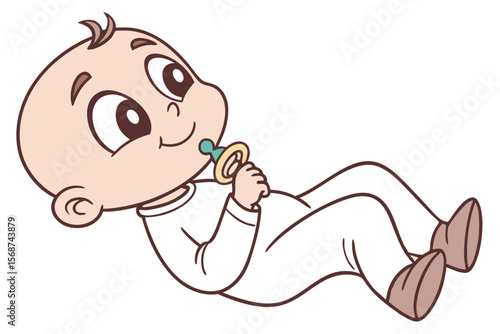 Vector cute Baby Boy cartoon character, with a sweet sigh and contented smile, wearing a soft white onesie and holding a pacifier, in a calm, serene style, isolated on white background