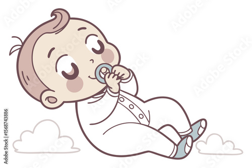 Vector cute Baby Boy cartoon character, with a sweet sigh and contented smile, wearing a soft white onesie and holding a pacifier, in a calm, serene style, isolated on white background