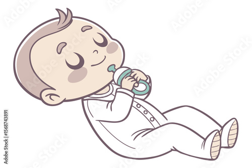 Vector cute Baby Boy cartoon character, with a sweet sigh and contented smile, wearing a soft white onesie and holding a pacifier, in a calm, serene style, isolated on white background