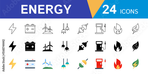Energy theme web icon set in modern style. Design symbols of electricity, batteries, wind turbines, chandeliers and more.