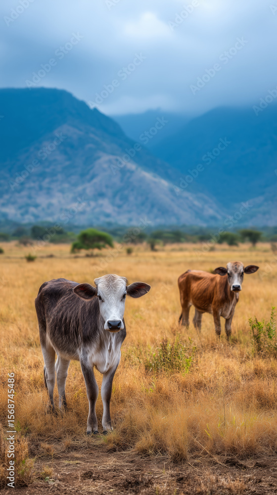 Curious young calf standing in a golden savanna field with mountains in the background Curious young calf standing in a golden savanna field with mountains in the background