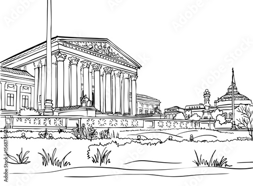 Nice view on Washington DC, USA. Urban landscape. Hand drawn sketch. Black and White illustration. Line Art. Vector background. Without people. Postcard style.