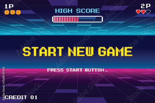 START NEW GAME. pixel art .8 bit game. retro game. for game assets in vector illustrations. Retro Futurism Sci-Fi Background. glowing neon grid. and stars from vintage arcade comp.