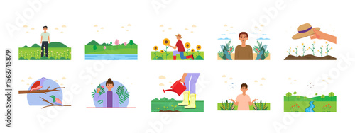 Spring illustrations set. Flat vector illustration concept.