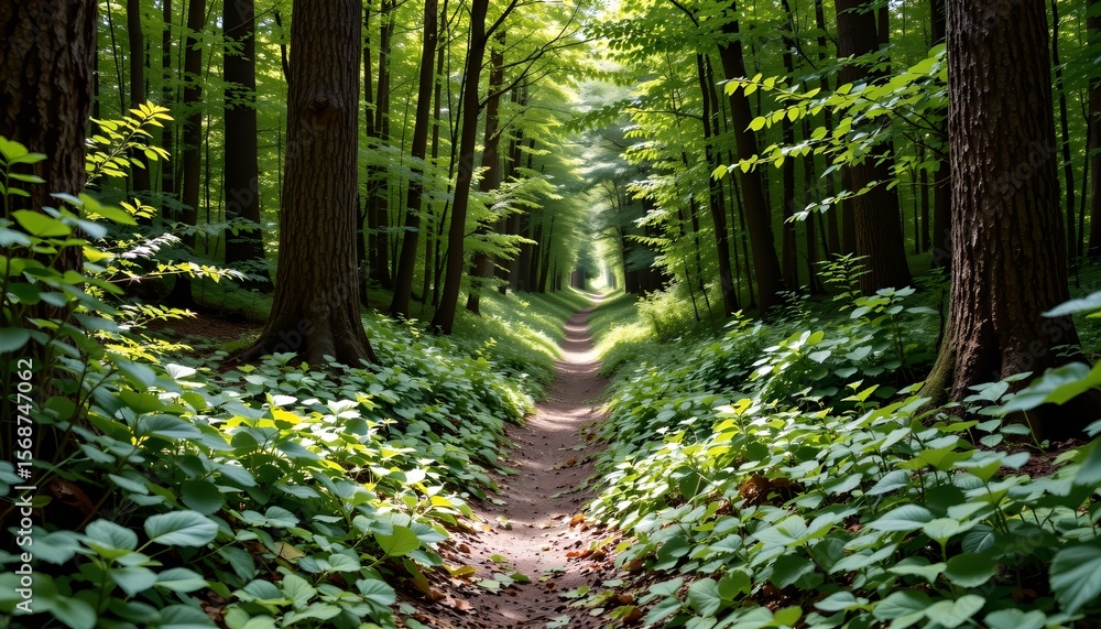 Obraz premium a tranquil forest scene featuring a dirt trail winding through lush greenery under an expansive canopy of trees