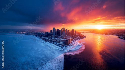 Climate whiplash temperature impact. Extreme environment. Weather disaster. City skyline heatwave blizzard contrast image