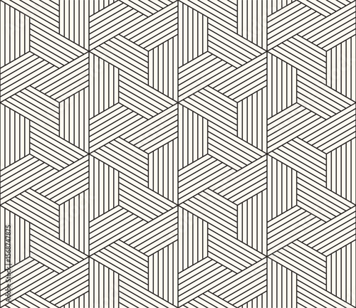 Monochrome seamless intricate geometric pattern background composed of hatched hexagons, creating a dynamic optical illusion of three-dimensional cubes vector illustration.