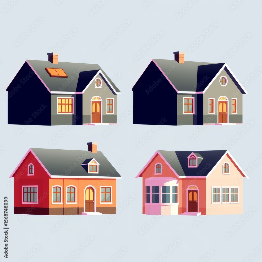 Four cartoon houses with different colors and designs arranged in a square pattern on light background Four cartoon houses with different colors and designs arranged in a square pattern on light background
