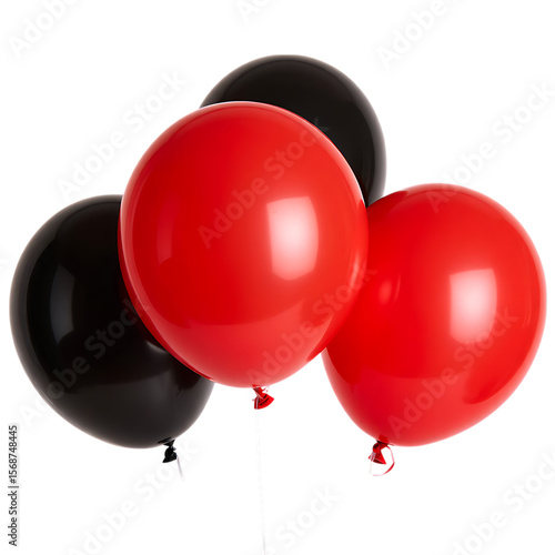 A vibrant cluster of glossy red and black party balloons, perfect for a celebration, floating as a festive decoration.