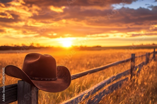 Cowboy hat on fence post at sunset over golden field