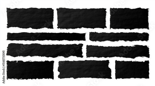 set - collection of torn black paper isolated on white background. ripped paper strips with jagged edges for collage, text and messages, Vector illustration, flat lay.