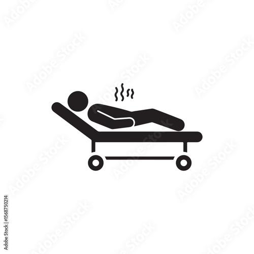 Ill Patient Lying on Medical Roller Bed Solid Flat Vector Icon Isolated on White Background.
