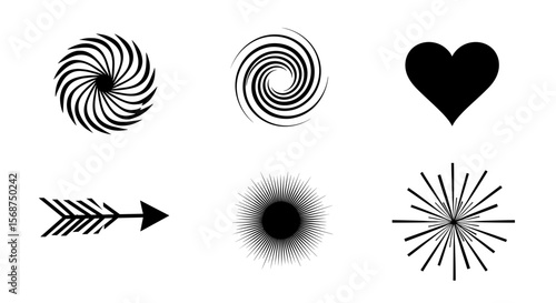 Collection of spiral shapes heart arrow and burst designs arranged in a graphical layout format