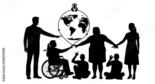 Silhouette of diverse people connected by globe and baby icon representing global community growth