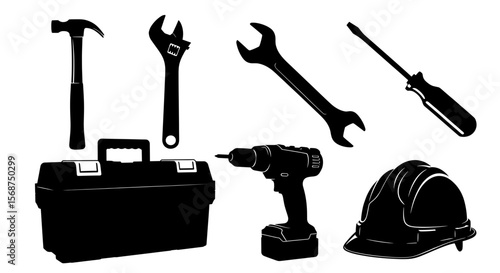 Assortment of construction tools including hammer wrench screwdriver drill toolbox and safety helmet displayed