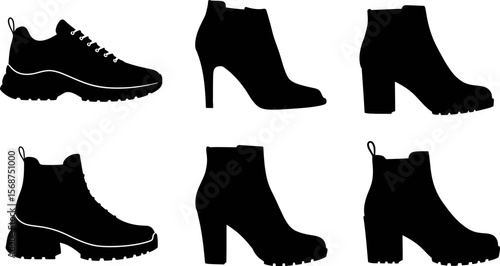 Black shoe silhouettes: vector graphic of sneaker, ankle boots, and high heel boot collection