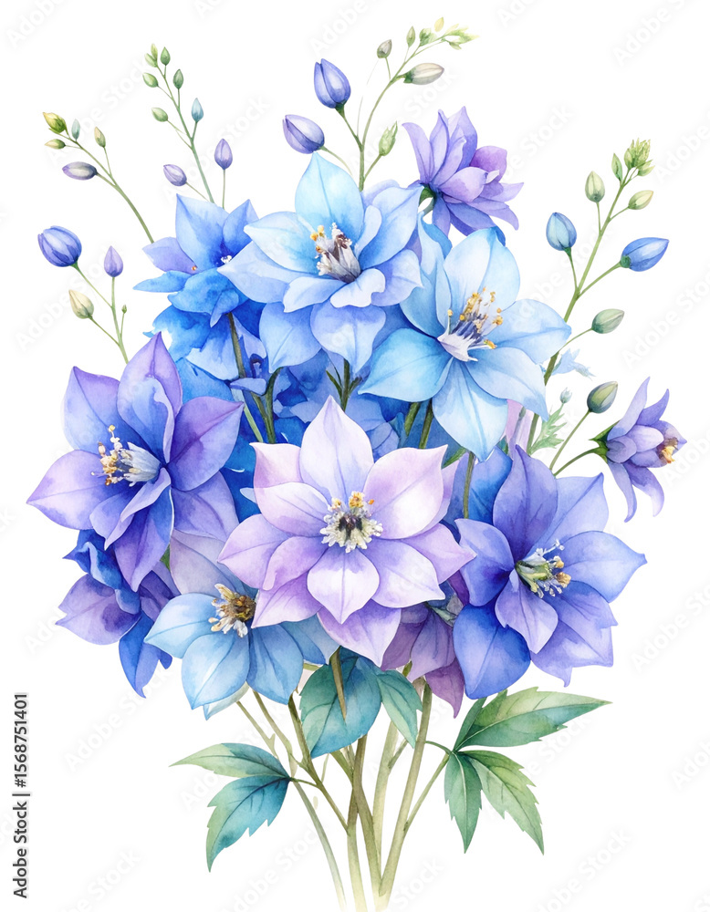 Fototapeta premium Watercolor Larkspur Cluster in Violet and Blue – Elegant Floral PNG Clipart