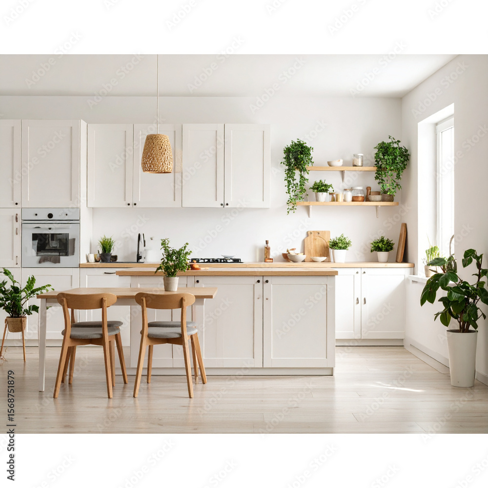 Fototapeta premium Modern scandinavian kitchen, bright spacious interior design wallpaper. Minimalist cozy home, copy space, chic sleek style 