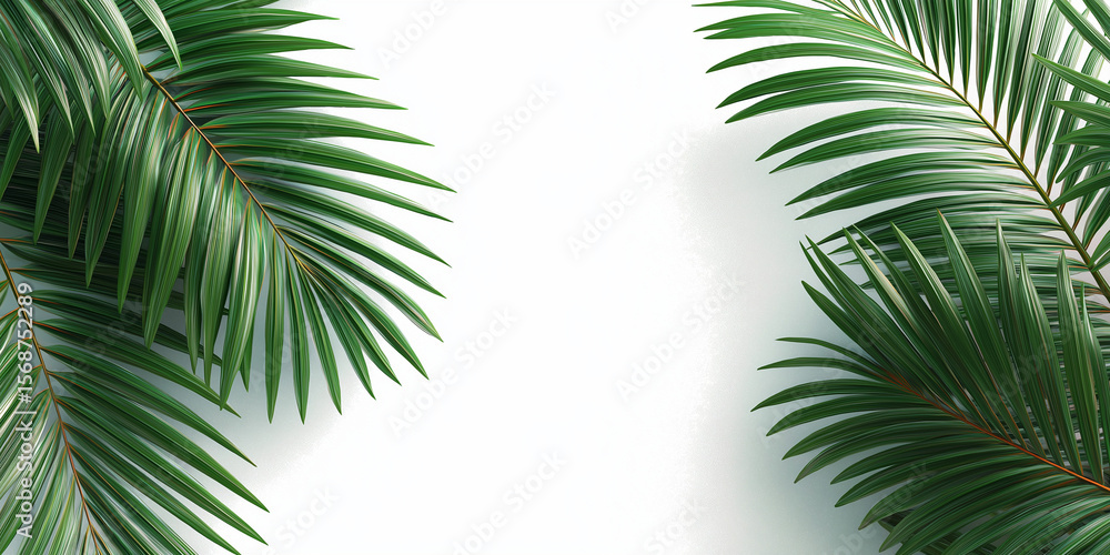 Fototapeta premium Palm leaves opposite sides of the screen on a white background, realistic.