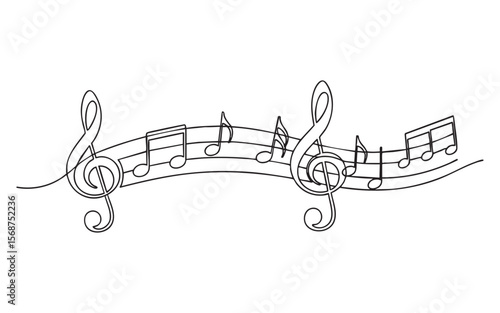 Musical Notes Staff one continuous line drawing vector illustration

