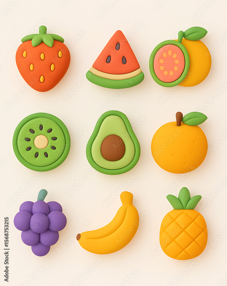 3D Colorful and Cute Fruit Icons: A Whimsical Collection of Fresh Produce 3D Colorful and Cute Fruit Icons: A Whimsical Collection of Fresh Produce