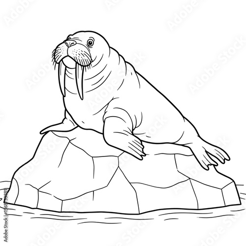 A walrus with long tusks and flippers rests on a floating ice sheet in a cold water habitat, drawn in black-and-white line art.