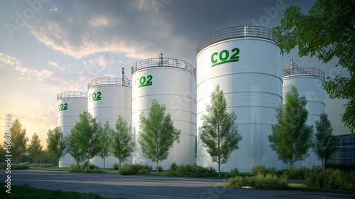 CCUS carbon solution. Capture climate. Storage energy. Emission sustainability. Industrial CO2 storage tanks surrounded by trees under a cloudy sky.