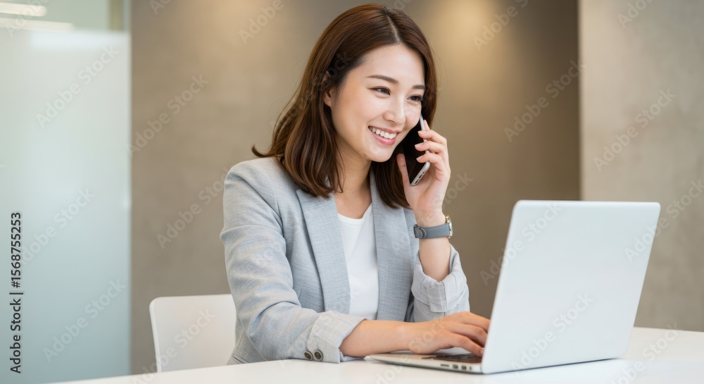 Photo of asian businesswoman talks on phone with laptop Photo of asian businesswoman talks on phone with laptop