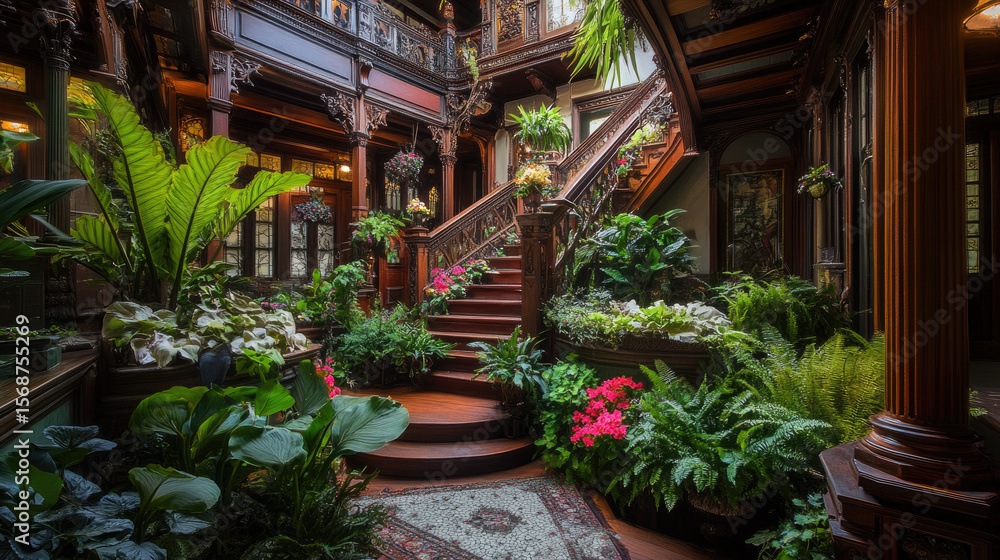 Grand staircase adorned with lush greenery indoors Grand staircase adorned with lush greenery indoors