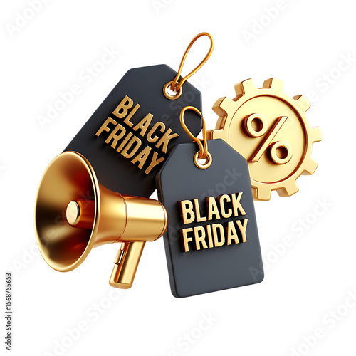 Announcing incredible Black Friday discounts, a 3D rendering of a gold megaphone, price tags, and percentage sign.