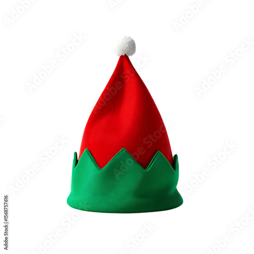 A classic red and green elf hat with a soft pompom, a fun and festive Christmas holiday costume accessory, isolated.