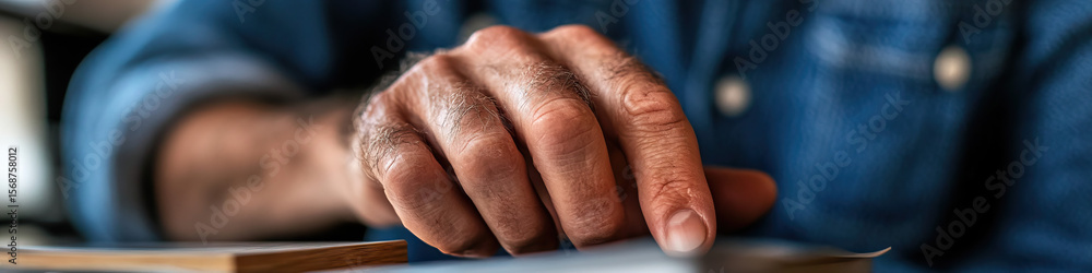 Fototapeta premium Close-up of Male Hand on Wooden Surface