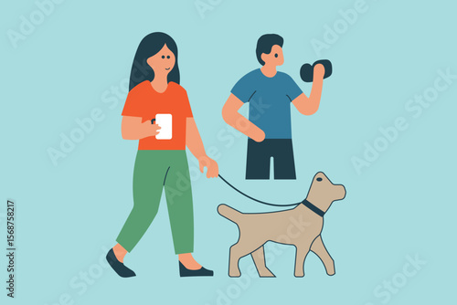 Modern flat design of a couple enjoying morning routine including dog walking coffee drinking and outdoor exercise promoting wellness fitness and healthy living