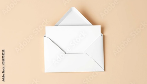 A blank white card rests inside a crisp white envelope, atop a neutral beige background, envelope,  notecard