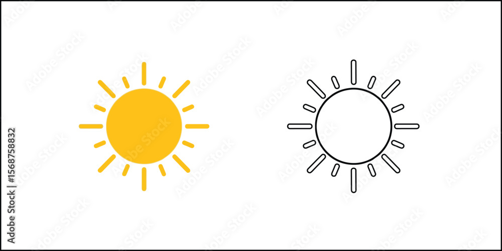 Fototapeta premium A set vector icon of a bright sun, symbolizing sunny weather, summer, or light.