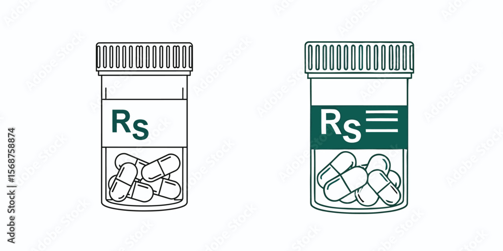 vector icon of a pill bottle with capsules, representing prescription, medication, or pharmacy. vector icon of a pill bottle with capsules, representing prescription, medication, or pharmacy.