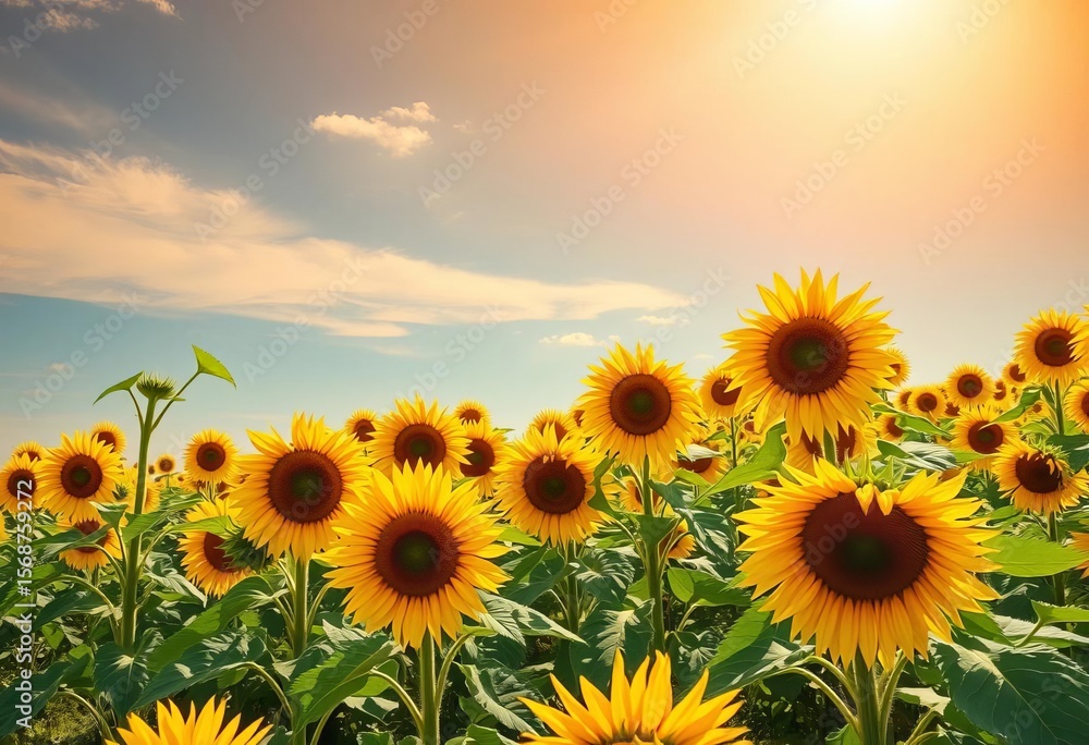 Obraz premium Vast sunflower field under a bright summer sky, summer day, peaceful