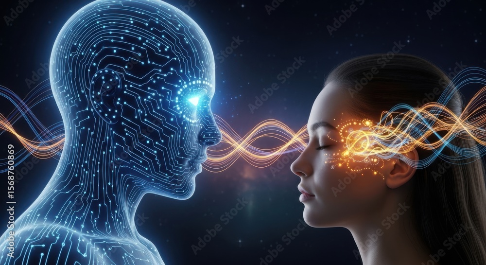 A digital ai head connects with a human in a futuristic scene A digital ai head connects with a human in a futuristic scene