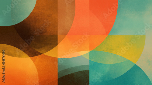 Retro circles overlap in an orange, yellow and teal textured background creating a fun and abstract design.