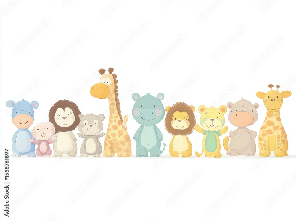 Obraz premium Cute cartoon animals including hippo, lion, giraffe, and more, lined up cheerful manner. This delightful illustration brings joy and playfulness, perfect for children decor or educational