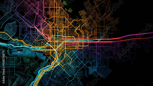 vibrant neon-colored city map highlighting streets, highways, and waterways on a dark background.