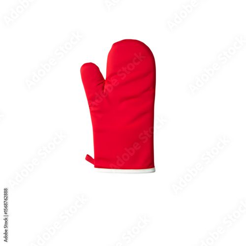 A single, bright red oven mitt for kitchen safety, this heat resistant cooking glove is isolated on a white background.
